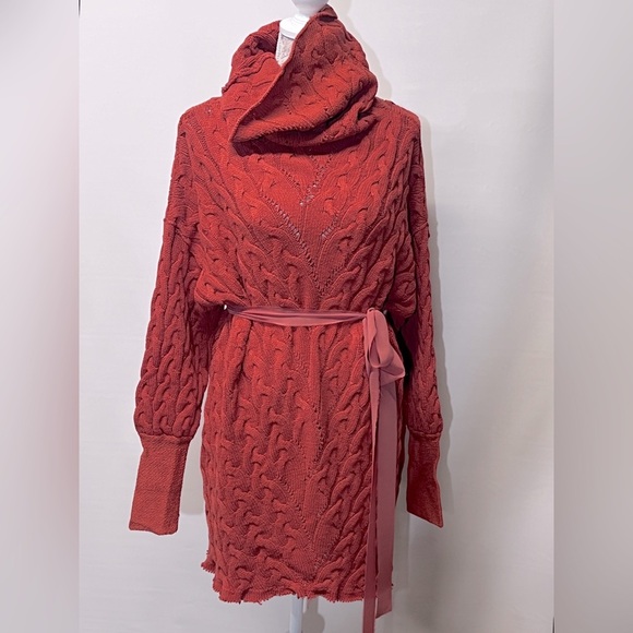 FREE PEOPLE Rust red cable knit turtleneck‎ sweater dress size S - Picture 2 of 14